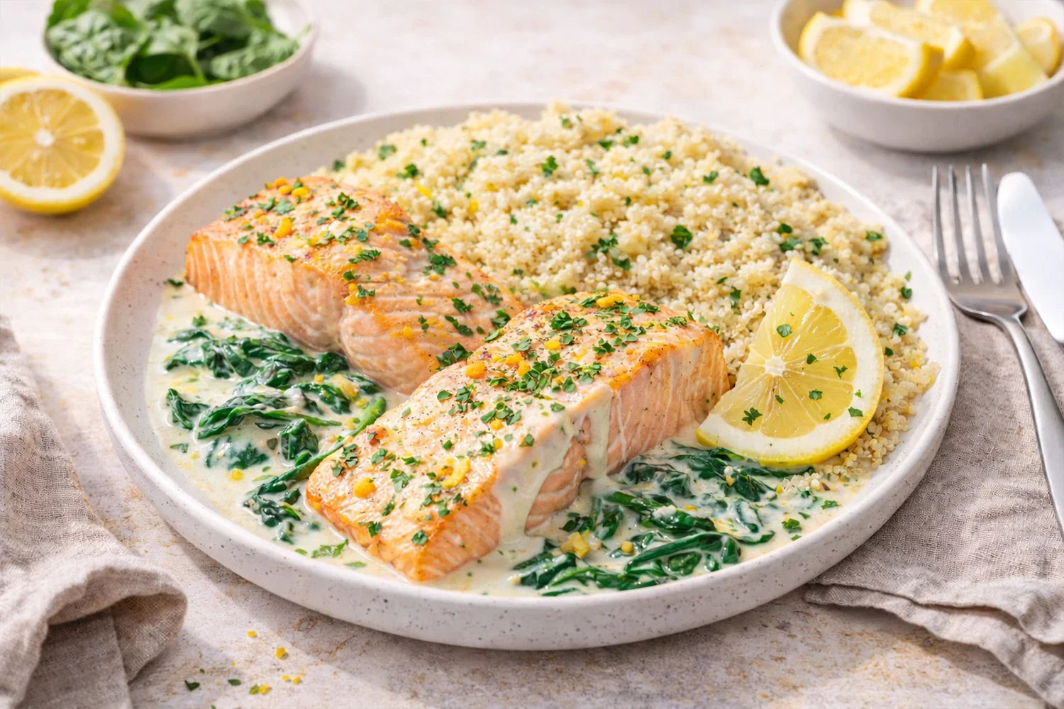 Cremige Lachs-Spinat-Pfanne mit Zitronenquinoa