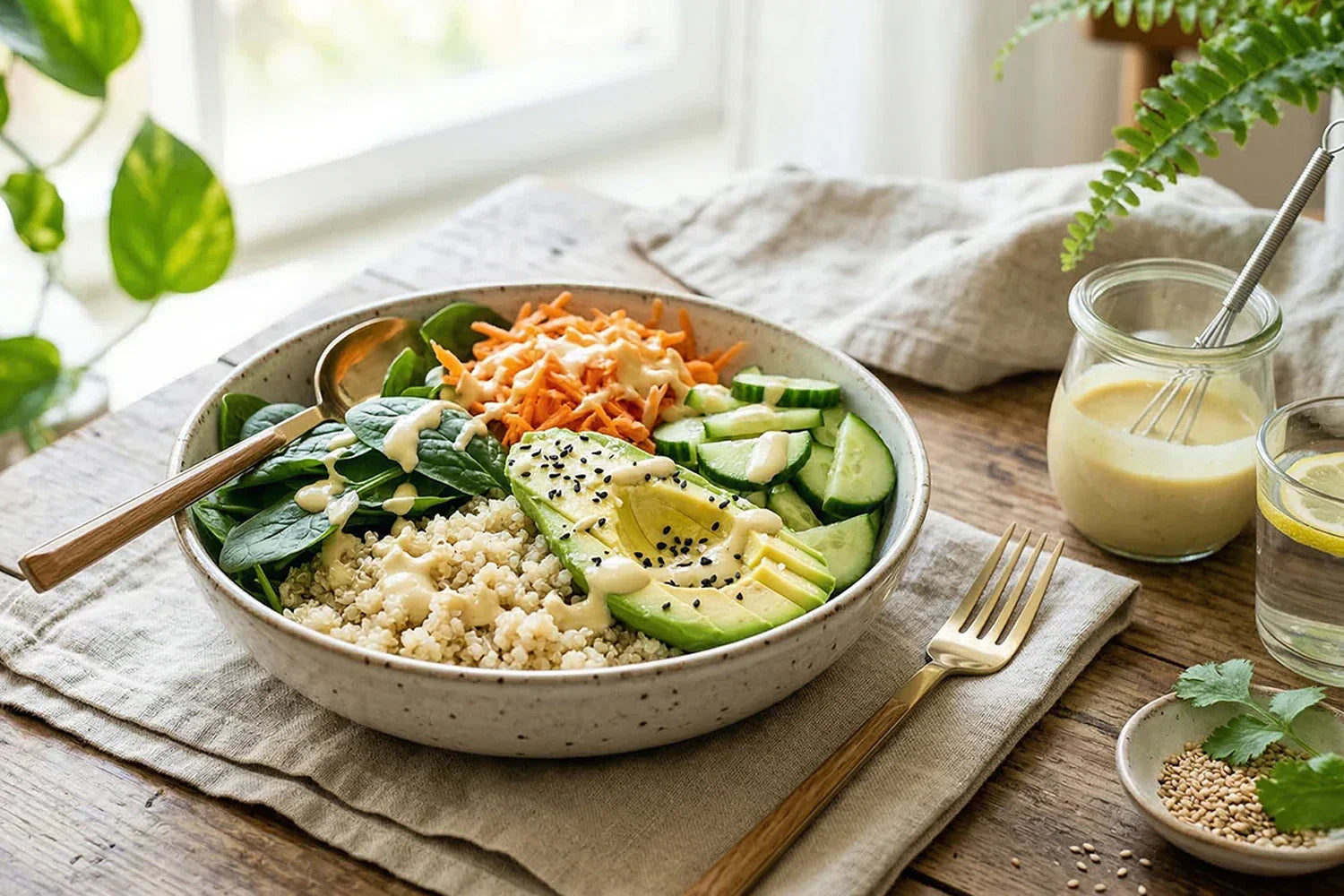 Frühlings-Buddha-Bowl mit Avocado und Zitronen-Tahini-Dressing