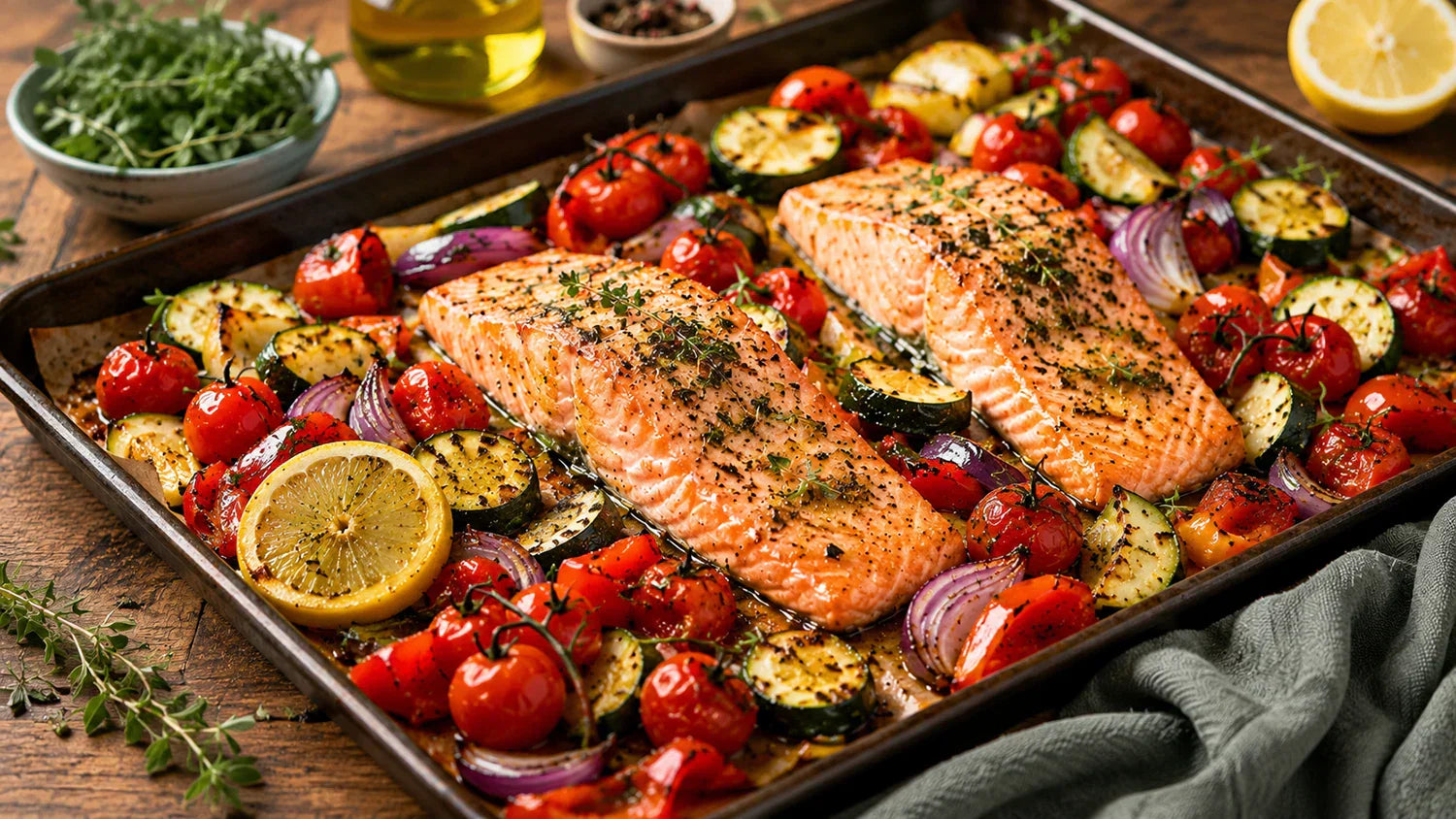 Mediterraner Ofenlachs mit Kräutergemüse – proteinreiches Rezept für Muskeln & Gelenke