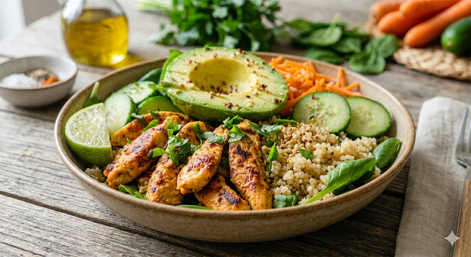 Fitness-Quinoa-Bowl mit Hähnchen – proteinreiche Bowl für aktive Tage