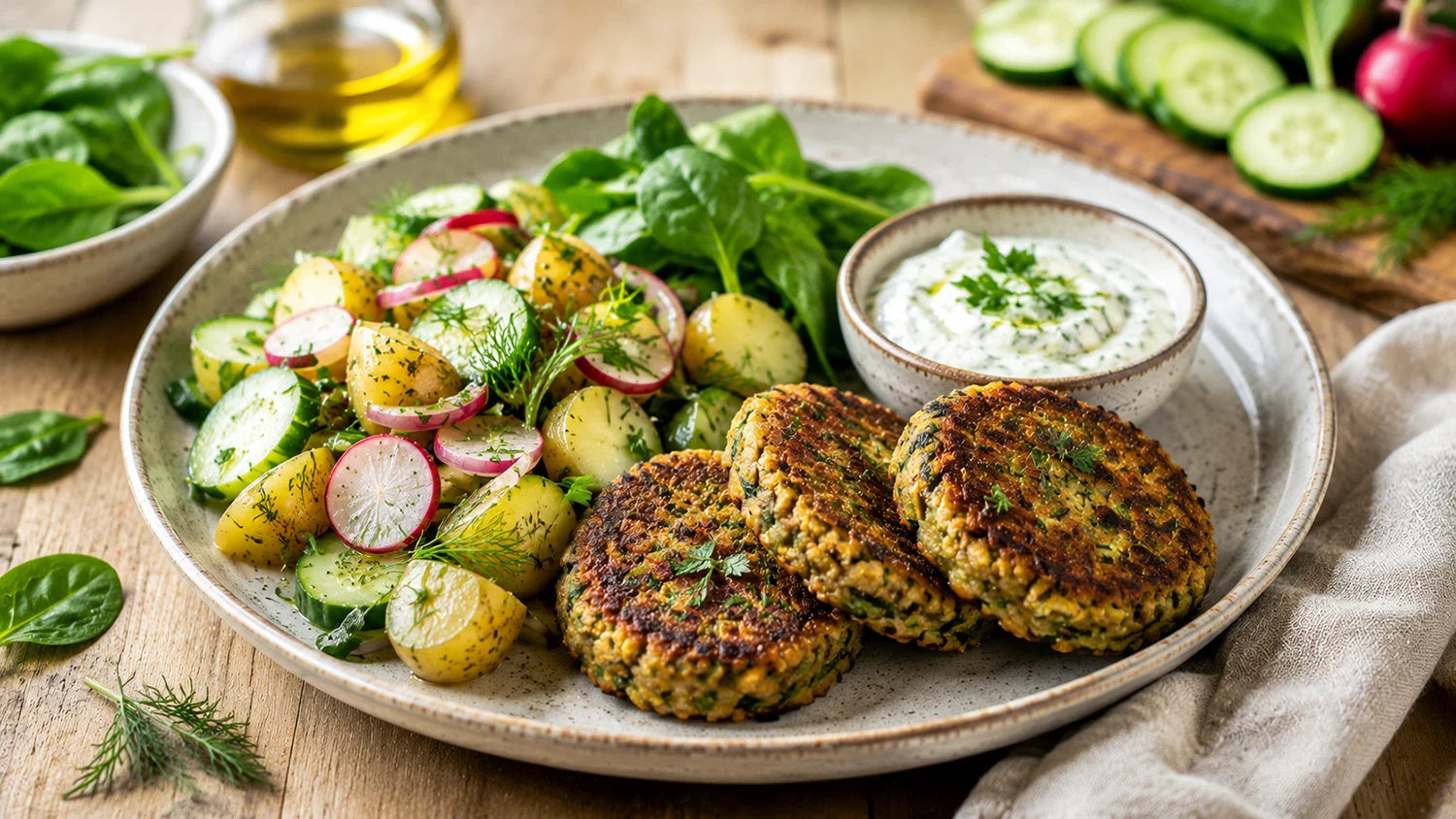 Vegane Linsen-Zucchini-Bratlinge mit Kartoffel-Gurken-Salat – sommerliches Rezept für Gelenke & Muskeln