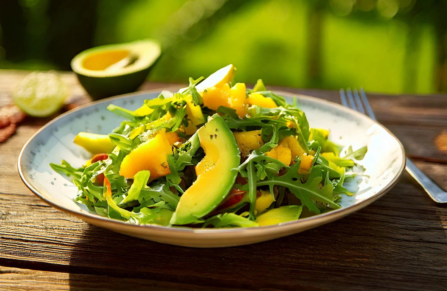 Leichter Avocado-Mango-Salat mit frischem Rucola, angerichtet auf einem hellen Teller draußen im Sonnenschein – gesundes und sommerliches Rezept für Frische und Leichtigkeit.